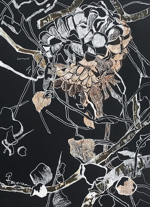 <i>Ponderosa Pine Inverse #6.</i> Mixed media. Framed, 15x11.