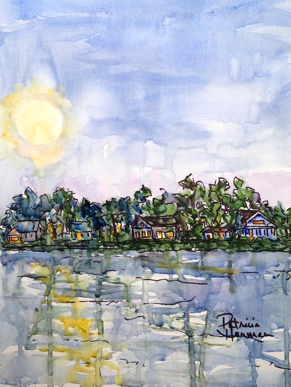 <i>Clear Lake Nocturnal</i>. Watercolor and ink on paper. Framed, 23x18.