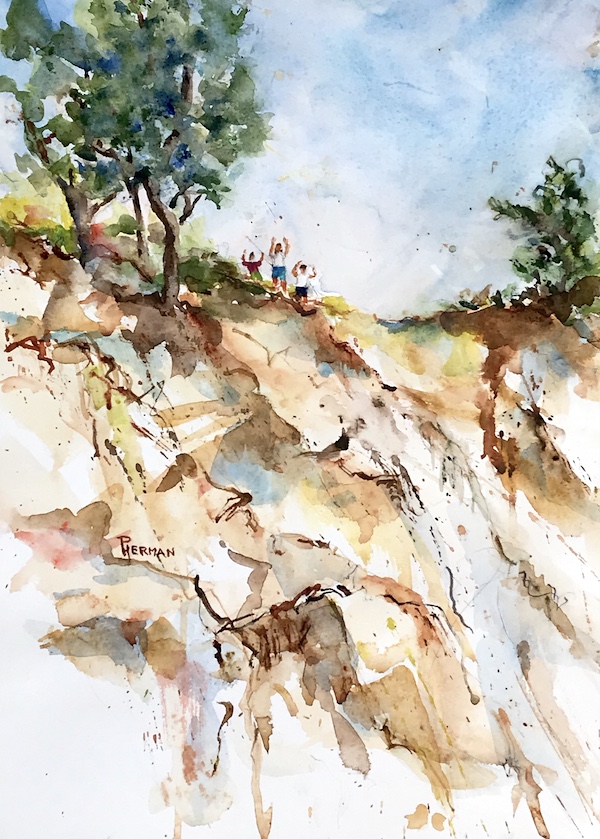 <i>Three on the Dune, Central Beach</i>. Watercolor on paper. Framed, 24x20.