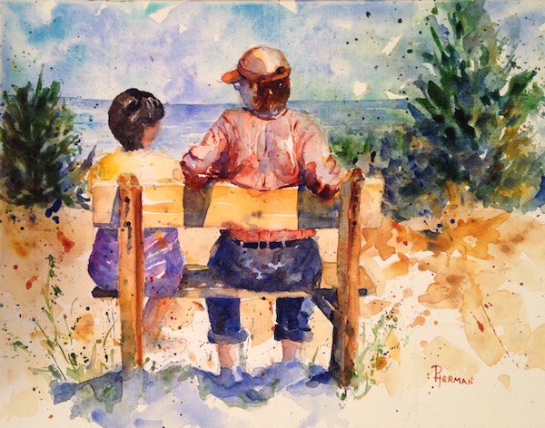 <i>Two on the bench</i>. Watercolor on stretched canvas. Unframed, 16x20.