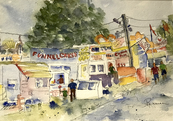 <i>LaPorted County Fair, Early Morning</i>. Watercolor and ink on paper. Framed, 13x16.