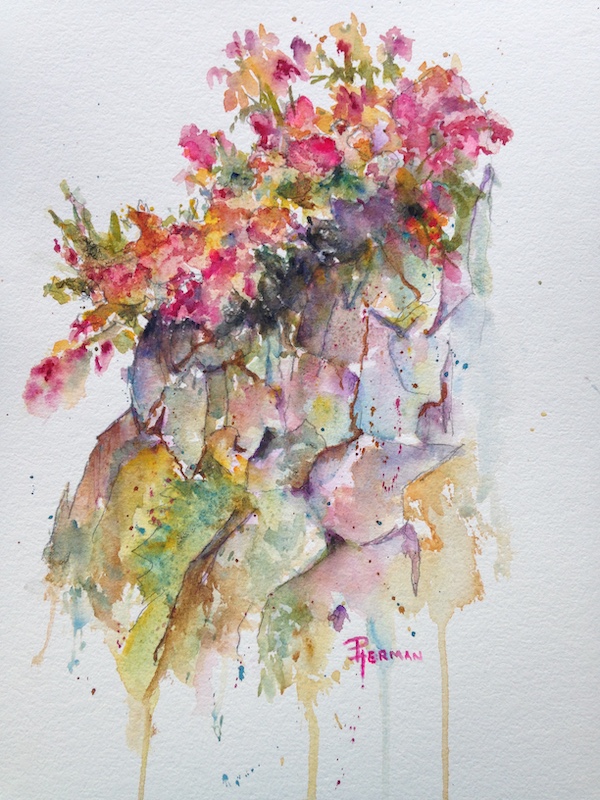 <i>Cascading Floral</i>. Watercolor on paper. Framed, 23x18.